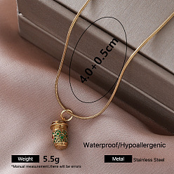 Green Vintage 304 Stainless Steel Enamel Bottle Pendant Necklaces for Women, Golden, Green, 15.75 inch(40cm)