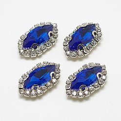 Сапфир Шить на горный хрусталь, многожильных ссылки, стекло горный хрусталь, с латунной фурнитурой , аксессуары для одежды, лошадиный глаз , платина, сапфир, 21.5~23x11x5~6 мм, отверстие : 1 мм