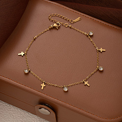 Cross 304 Браслеты на лодыжку из нержавеющей стали с подвесками из прозрачных кубических цирконий для женщин, золотые, крестик, 8-1/4 дюйм (210 мм)