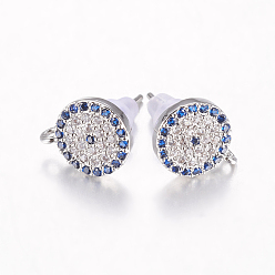 Платина Латунные серьги-гвоздики из циркония, с петлей, без свинца и без кадмия, плоско-круглые, синие, платина, 11x9x2 мм, отверстия: 1 мм, контактный: 0.8 мм