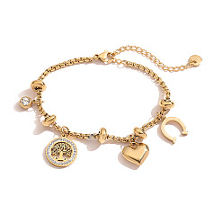 Настоящее золото 18K 304 браслеты с подвесками из нержавеющей стали и кристаллов со стразами, спутниковые цепи браслеты для женщин, древо жизни, сердце и подкова, реальный 18 k позолоченный, 6.30 дюйм (16 см)