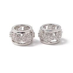 Платинированный Экологически чистые стойки покрытие латунь микро паве кубический цирконий европейские бусины, бусины с большим отверстием, долговечный, без свинца и без кадмия, RONDELLE с цветком, Реальная платина, 9x5.5 мм, отверстие : 5.5 мм