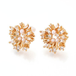 Настоящее золото 18K Серьги-гвоздики из латуни с микро-паве и прозрачным фианитом, с имитацией жемчуга, долговечный, без никеля , реальный 18 k позолоченный, 17.5x16.5 мм