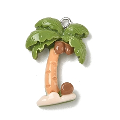 Amarillo de Verde Colgantes de la resina opacos, encanto del árbol de coco, con aros de hierro chapado en platino, verde amarillo, 32x21x6.5 mm, agujero: 2 mm
