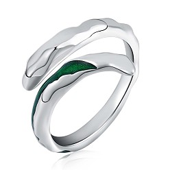 Platinum Anti-Tarnish Rhodium Plated 925 Sterling Silver Vintage Open Cuff Ring with Green Enamel for Women, Platinum, US Size 5 1/4(15.9mm)