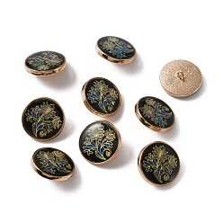 Black Alloy Enamel Shank Buttons, Flat Round with Tree, Light Gold, Black, 18x7~8mm, Hole: 2mm