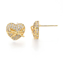 Настоящее золото 18K Серьги-гвоздики из латуни с микро-паве и прозрачным фианитом в форме сердца, реальный 18 k позолоченный, 11.5x12.5 мм, штифты : 0.8 мм
