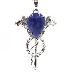 Lapis Lazuli Natural Lapis Lazuli Pendants, with Platinum Plated Brass Findings, Wing with Key Charms, 47x32x11mm