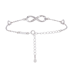Платина 1шт. 925 браслеты из стерлингового серебра с микропаве из кубических цирконий, браслеты с бесконечностью и сердечками для женщин, платина, 6-1/2 дюйм (16.4 см)