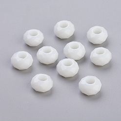 White Glass European Beads, Large Hole Beads, No Metal Core, Faceted Rondelle, White, about 14mm in diameter, 8mm thick, hole: 5mm