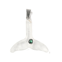 Хрусталь Природного кварца хрустальных подвесок, Подвески в виде хвоста кита из горного хрусталя с 201 микрофиброй из нержавеющей стали с отделкой из кубических цирконий, цвет нержавеющей стали, 30.5x32x6.5 мм, отверстие : 6x3.5 мм