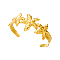 Starfish Ocean 304 Stainless Steel Open Cuff Bangles for Women, Real 18K Gold Plated, Starfish, Inner Diameter: 2.36 inch(6cm)