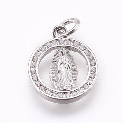 Platinum Brass Micro Pave Cubic Zirconia Pendants, Lady of Guadalupe Charms, Lead Free & Cadmium Free, Flat Round with Virgin Mary, Platinum, 15.5x13x2mm, Hole: 3mm