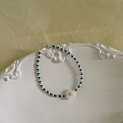 Light Blue Natural Shell Daisy Flower Boho Vintage Glass Beaded Friendship Bracelets for Women and Girls, Stainless Steel Color, Light Blue, 10.24 inch(26cm)