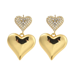 Настоящее золото 18K Серьги-гвоздики в форме сердца из латуни с микропаве из прозрачного кубического циркония, долговечный, без кадмия и без свинца, реальный 18 k позолоченный, 34x22 мм
