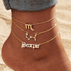 Скорпион Сплав кристалл горный хрусталь 3 слои созвездия звено цепи браслеты для лодыжки для женщин, золотые, Скорпион, 7-7/8~9-1/2 дюйм (200~240 мм), 3 шт / комплект