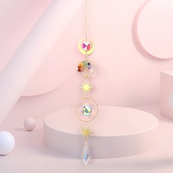 Смешанные камни Кольцо из смешанного натурального камня в проволочной оплетке с подвеской «Древо жизни», ловцы солнца с луной и стеклянными кисточками для оконных подвесных украшений, 450 мм