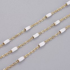 White Ion Plating(IP) 304 Stainless Steel Cable Chains, with Enamel Oval Beads, Soldered, with Spool, Flat Oval, Golden, White, 5x2.5mm, Link: 2x1.6x0.3mm, about 32.8 Feet(10m)/roll