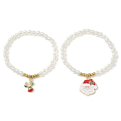 (52) Непрозрачная лаванда АБС-пластик имитация жемчужных бусин эластичные браслеты, браслеты шарма сплава эмали темы рождества, разноцветные, внутренний диаметр: 2-1/4 дюйм (5.6 см), 2 шт / комплект