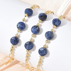 Sodalite Natural Sodalite Faceted Flat Round Beaded Brass Paperclip Chain Bracelets, Long-Lasting Plated, Golden, 8.50 inch(21.6cm)