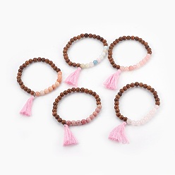 Gemischte Stein Natürliche gemischte Steinperlen Armbänder, mit Holzperlen und Baumwollfaden Quasten Anhänger, 2-1/8 Zoll (5.4 cm), 5 Stk. / Satz