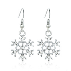 Платина Серьги-подвески из сплава со снежинками, со стразами, платина, 38.7x15.4 мм
