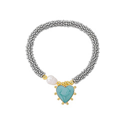 Темно-бирюзовый Браслеты с подвесками в виде сердечек из латуни с эмалью, Натуральные бусины из пресноводного жемчуга, эластичные украшения для женщин., платиной и золотом, темные бирюзовый, 6.30 дюйм (16 см)