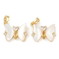 Настоящее золото 18K Подвески-бабочки из натуральной белой ракушки, подвески-бабочки из латуни с микропаве из прозрачного кубического циркония, реальный 18 k позолоченный, 14x19x3.5 мм, отверстие : 5x2.5 мм