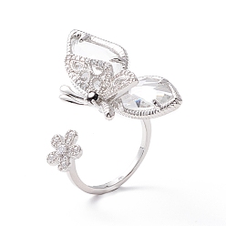 Платина Кольцо-манжета с бабочкой и цветком из прозрачного кубического циркония, изысканное открытое кольцо из латуни с кубическим цирконием для женщин, платина, размер США 7 3/4 (17.9 мм)