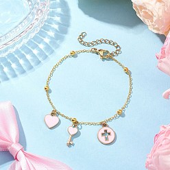 Pink Латунные плоские овальные кабельные цепные браслеты, сплав эмали подвески браслеты с подвесками для женщин, сердце и ключ и плоский круг с крестом, розовые, 7-1/8 дюйм (18.1 см)