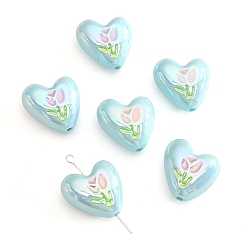 Голубой 2шт. УФ-покрытия акриловые бусины, сердце с тюльпаном, с эмалью, голубой, 20x19 мм, отверстие : 2 мм