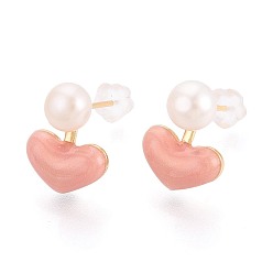 Настоящее золото 18K Серьги-гвоздики из натурального жемчуга в форме сердца из латуни, с эмалью и 925 серебряными булавками, долговечный, реальный 18 k позолоченный, 13.5x10.5 мм