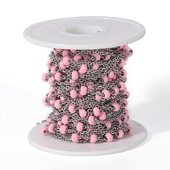 Pink 304 Stainless Steel Handmade Beaded Chains, with Glass, with Spool, Stainless Steel Color, Pink, 7~7.5x4~5mm, about 32.8 Feet(10m)/roll