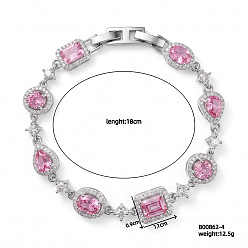 Pink Браслеты из латуни класса ААА с геометрическими звеньями и кубическим цирконием, геометрические звенья, для женщин., платина, розовые, 7.09 дюйм (18 см)
