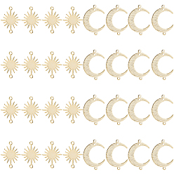 Настоящее золото 24K 32 шт. 2 стили латунные соединители, долговечный, Вс & луна, реальный 24 k позолоченный, 13~16.5x17.5~22x0.7~0.8 мм, отверстие : 1.2 мм, 16 шт / стиль