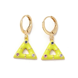 Yellow Triangle Golden Brass Dangle Leverback Earrings, with Enamel and Cubic Zirconia, Yellow, 27x13.5mm