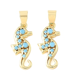 Real 18K Gold Plated Brass Micro Pave Sky Blue Cubic Zirconia Pendants, Sea Horse Charms, Rack Plating, Long-Lasting Plated, Cadmium Free & Lead Free, Real 18K Gold Plated, 23x10x3mm, Hole: 6x4mm