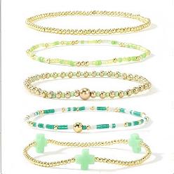  5шт. 5 стили, набор эластичных браслетов ручной работы из латуни и стеклянных бусин, украшения в виде крестиков для женщин, 6.89 дюйм (17.5 см)