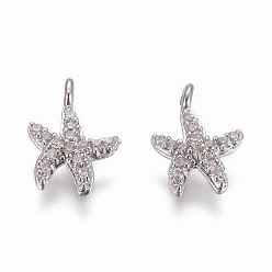 Платина Латунные микро проложить кубического циркония прелести, морская звезда / морские звезды, прозрачные, платина, 10.5x8x2 мм, отверстие : 1 мм