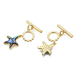 Colorful Brass Toggle Clasps, with Synthetic Abalone Shell/Paua Shells, Real 18K Gold Plated, Nickel Free, Starfish, Colorful, 29~30mm, Starfish: 14.5x12.5x2mm, Hole: 1mm, Bar: 4x16x2mm, Hole: 1mm