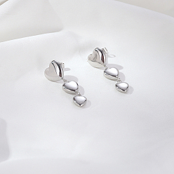 Серебро Простые серьги-гвоздики из нержавеющей стали в форме сердца, серебряные, 32.21x10.7 мм