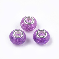 Средняя Орхидея Потрескавшийся полимер европейский бисер, бусины с большим отверстием, с латунными сердечниками с серебряным покрытием, рондель, средне орхидеи, 13.5~14x8.5~9 мм, отверстие : 5 мм