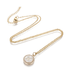 Letter H Brass Initial Pendant Necklaces, with Shell, Cubic Zirconia and 304 Stainless Steel Cable Chains, Flat Round with Letter, Letter.H, 17.5 inch(44.5cm), 1.5mm