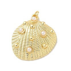 Настоящее золото 18K Подвески из латуни с имитацией жемчуга АБС, подвески в форме ракушек, с целью перехода в кольце, без кадмия и без свинца, реальный 18 k позолоченный, 30x28x7 мм, отверстие : 3 мм