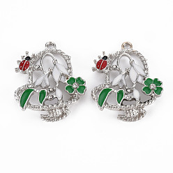 Green Alloy Pendants, with Enamel and Rhinestone, Platinum, Flower with ladybird, Green, 34x28x7mm, Hole: 2mm