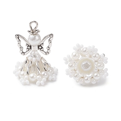 Белый Подвески-ангелы из стеклянного бисера ручной работы, с крыльями из сплава, стеклянной жемчужиной и железной петлей, белые, 27.5x21x20.5 мм, отверстие : 2.5 мм