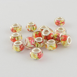 Оранжево-Красный Бусины из смолы европейского стиля с большим отверстием , с серебряного цвета латуни двойные сердечники, рондель, оранжево-красный, 14x9 мм, отверстие : 5 мм