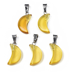 Light Khaki Transparent Spray Painted Glass Pendants, with Platinum Plated Brass Bails, Moon Charms, Light Khaki, 21.5x10.5x6mm, Hole: 4mm