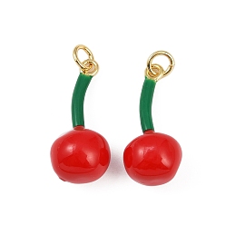 Вишня Латунные подвески, без кадмия, без никеля и без свинца, с эмалью и кольцом для прыжков, реальный 18 k позолоченный, вишня, 23x10 мм, отверстие : 3 мм