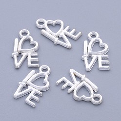 Silver For Valentine's Day Tibetan Style Alloy Pendants, Lead Free, Nickel Free and Cadmium Free, Heart with Love, Silver Color Plated, 14.5x8mm, Hole: 1mm